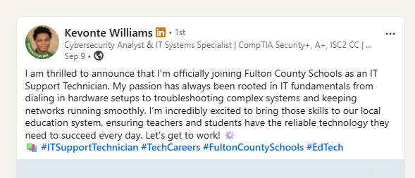 Graduate announces new IT job